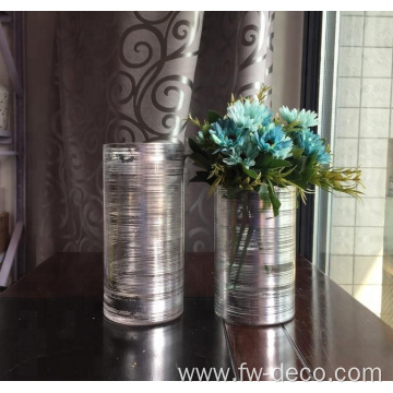 Silver striped cylinders frosted tall glass candle holders